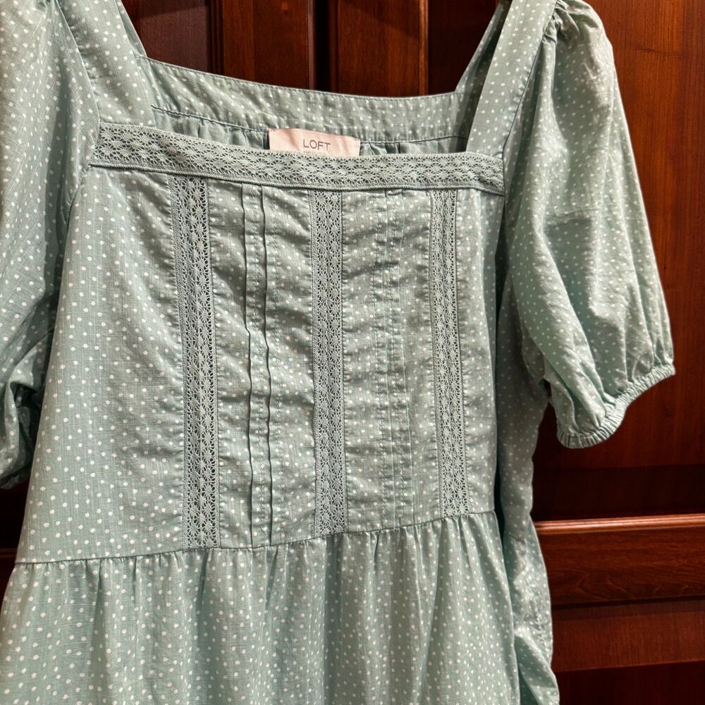 LOFT Women's Green Polka Dot Puff Sleeve Square Neck Cotton Blouse Top Large - Picture 4 of 13